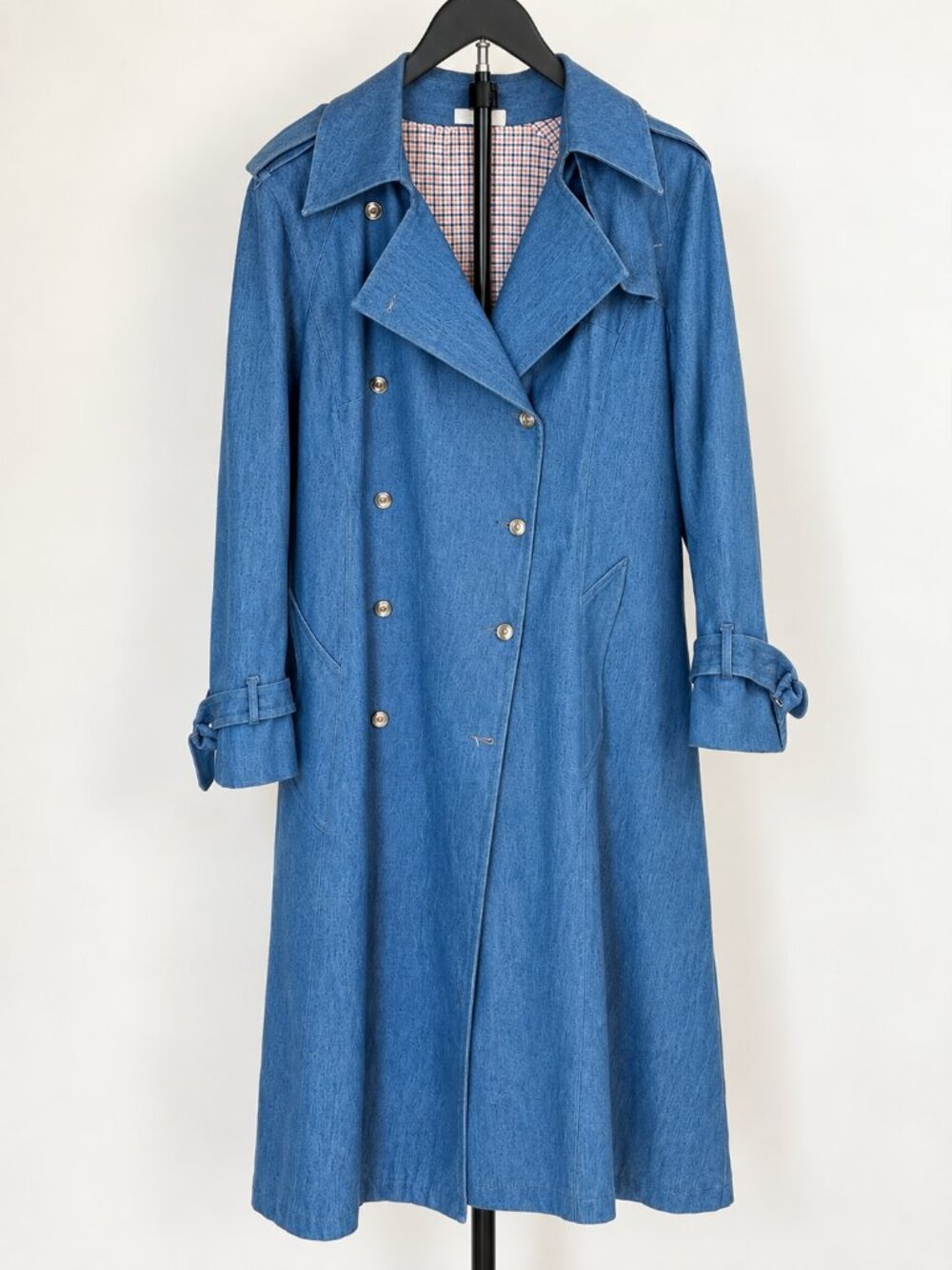 Vintage Blue Denim Trench Coat Double Breasted Long Jacket